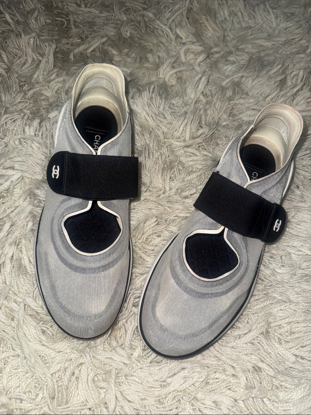 CHANEL Gray and Black Slip-On Sneakers with Elastic Strap